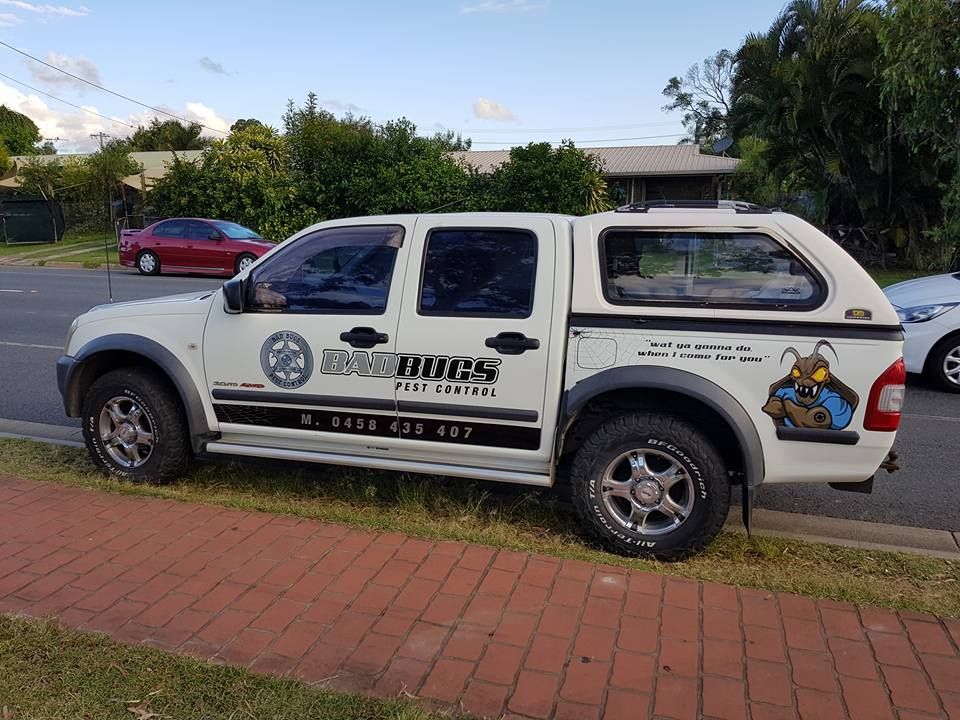 White pest control truck parked on the side of a road, with the business name and contact info displayed — Bad Bugs Pest Control in Gracemere, QLD