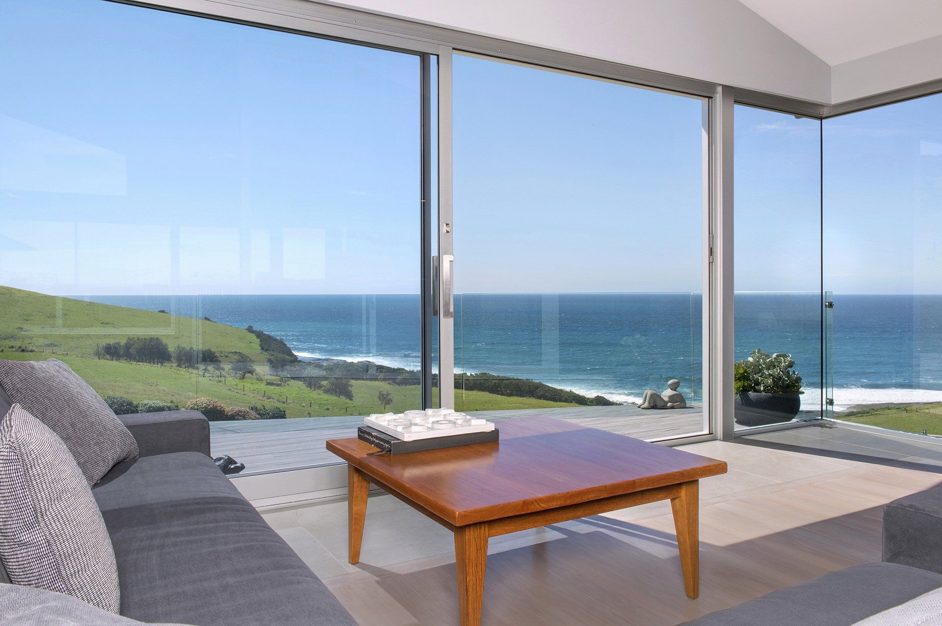 sitting room with uninterrupted views of the water and farmland
