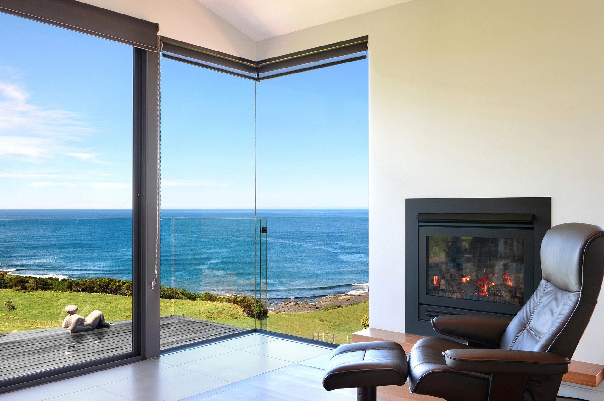 gas log fireplace with scenic views