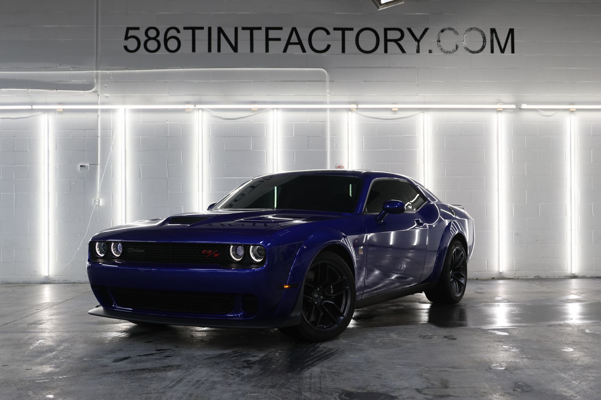 Blue Dodge Challenger in a bright showroom, viewed from the front-left angle