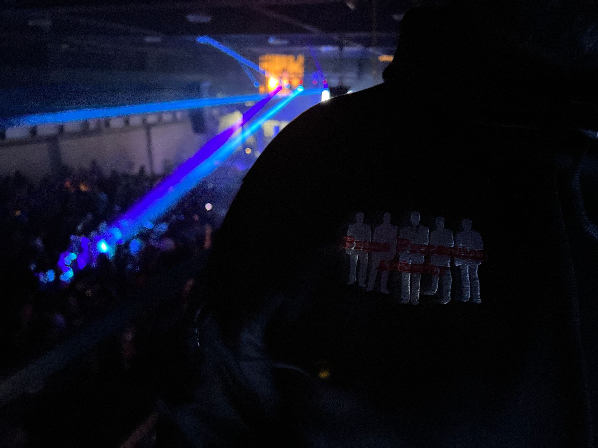 Person wearing a black hoodie with a logo at a concert with blue stage lights and a crowd.