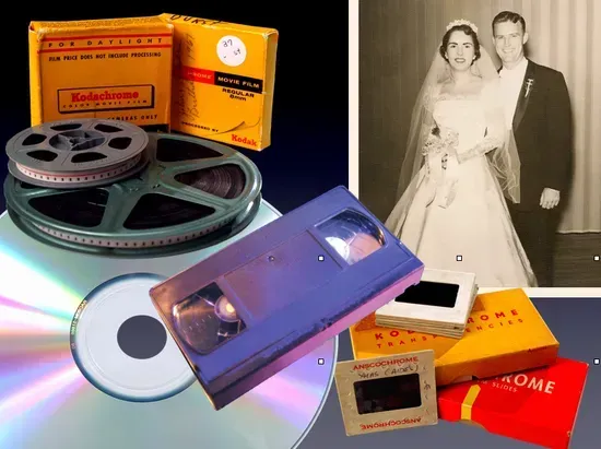 A picture of a bride and groom is next to a vhs tape