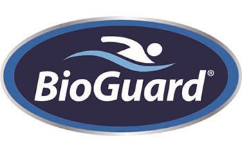 The logo for bioguard is a blue oval with a person swimming in it.