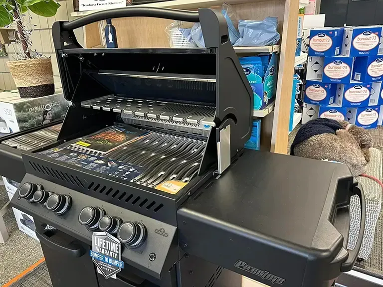 A black grill is sitting on a shelf in a store.
