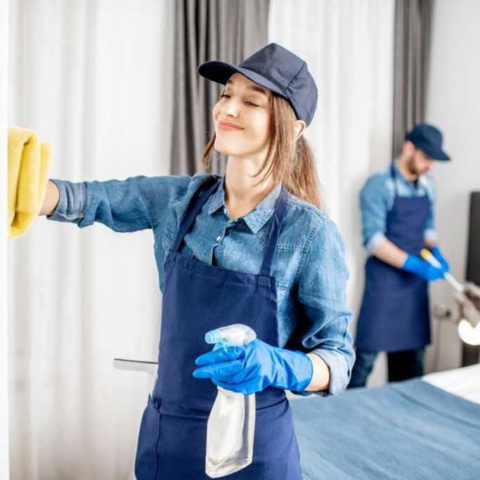 Two cleaners in blue aprons and caps, one wiping a surface in the foreground, the other tidying a bed in the background.