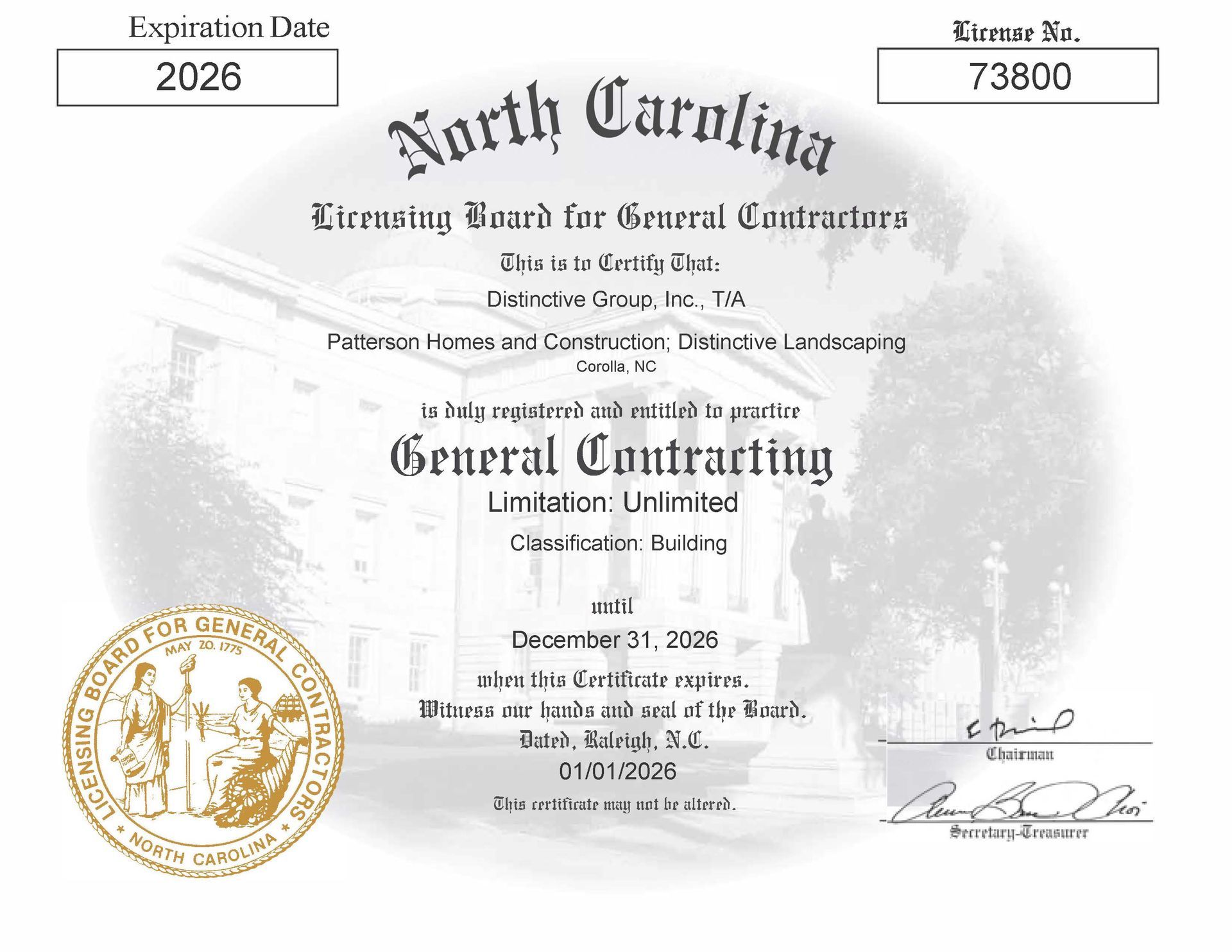 North Carolina Contracting License for Patterson Homes & Construction