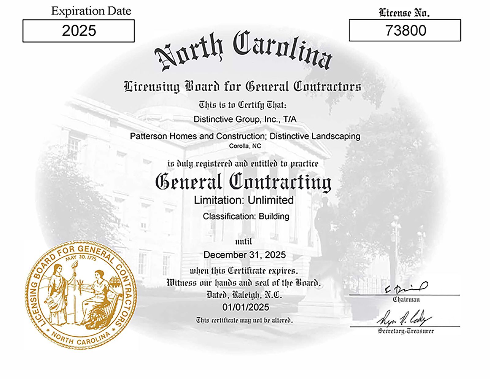 North Carolina Contracting License for Patterson Homes & Construction