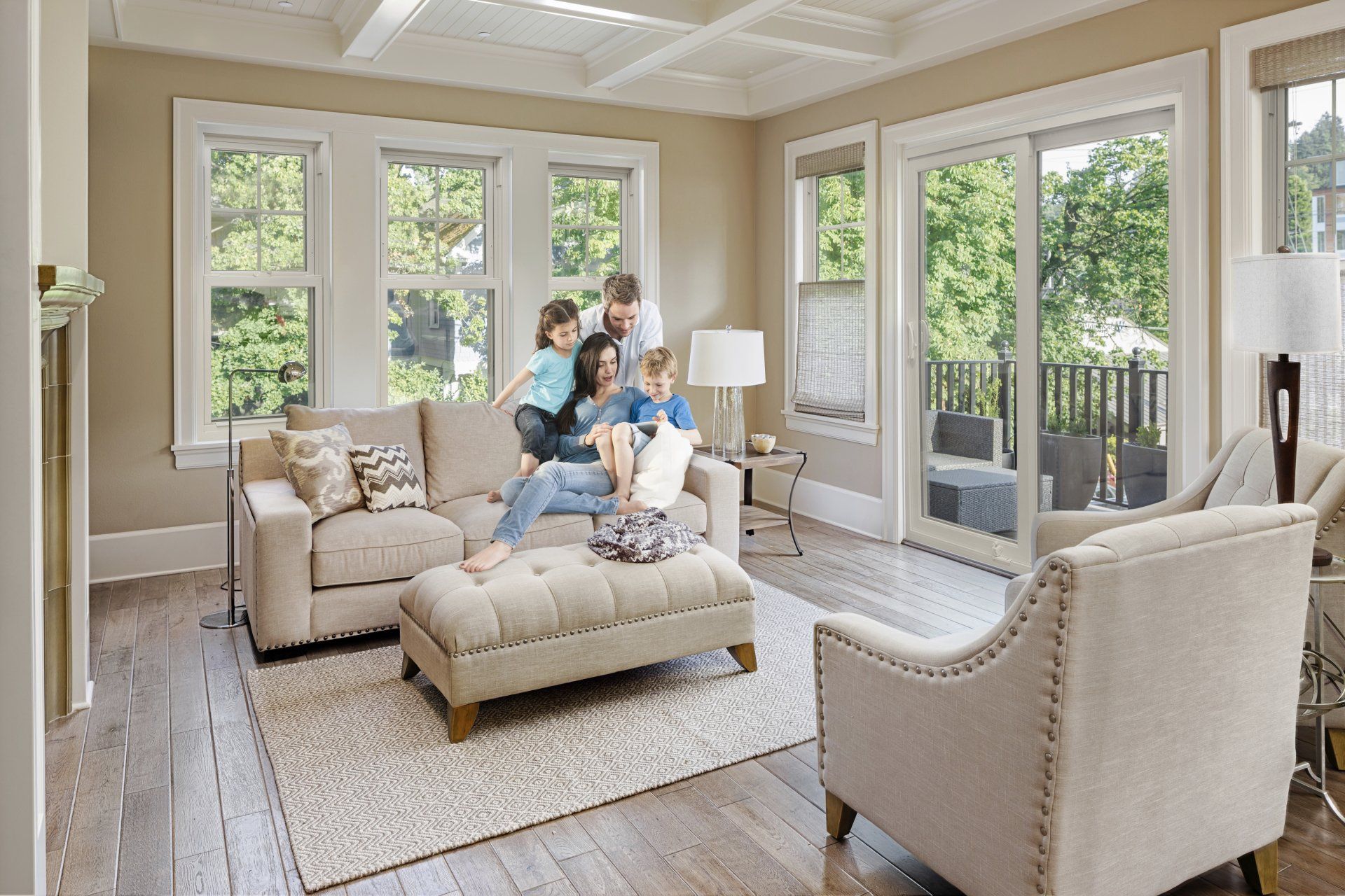 Living Room with family and patio doors