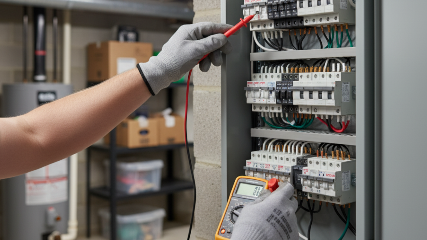 An electrician wearing gray gloves uses a multimeter to test an electrical circuit breaker panel in a basement.