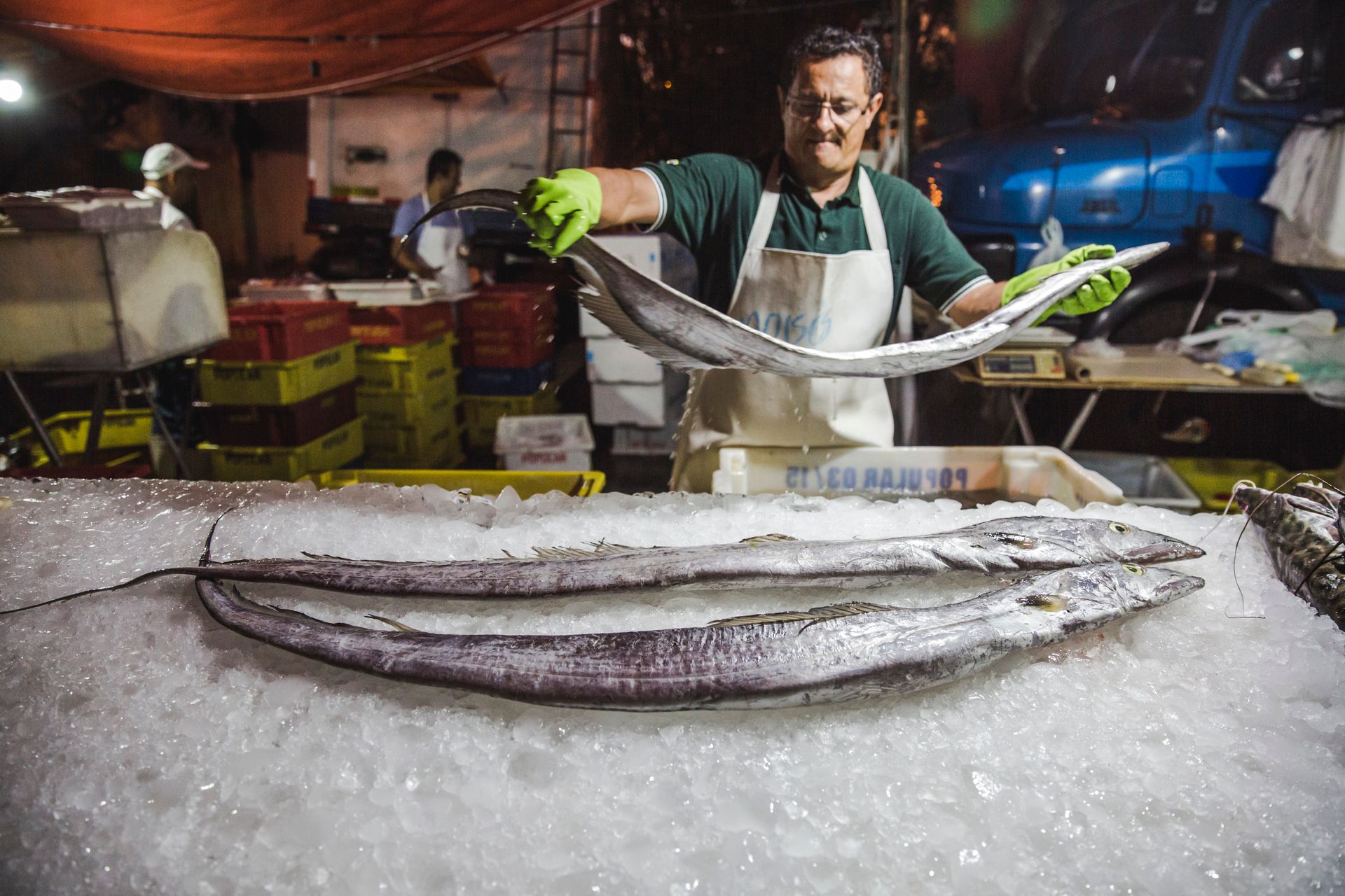 Fotografia autoral de feira livre em São Paulo — montagem barraca de peixe