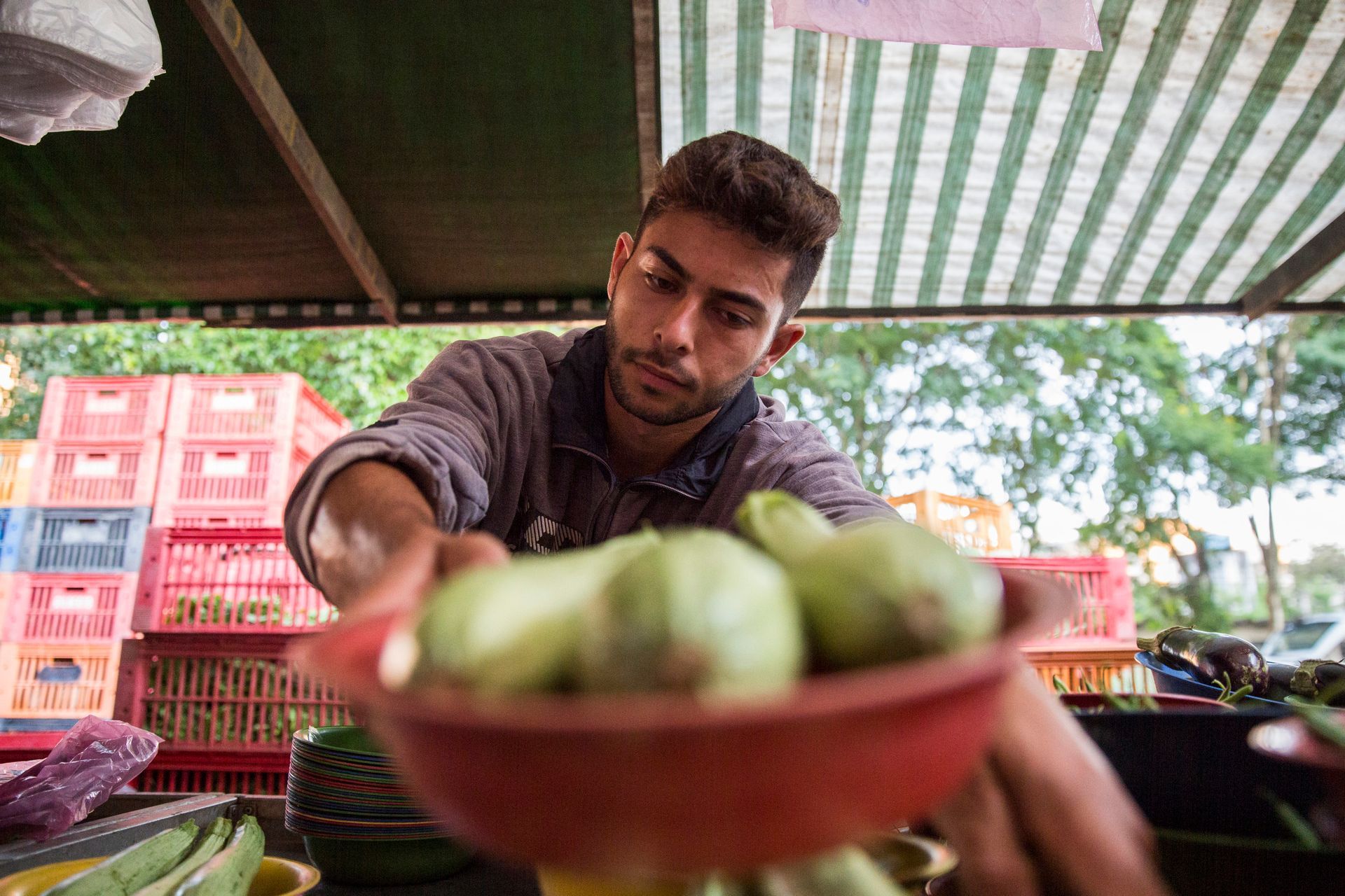 Fotografia autoral de feira livre em São Paulo — detalhe de feirante