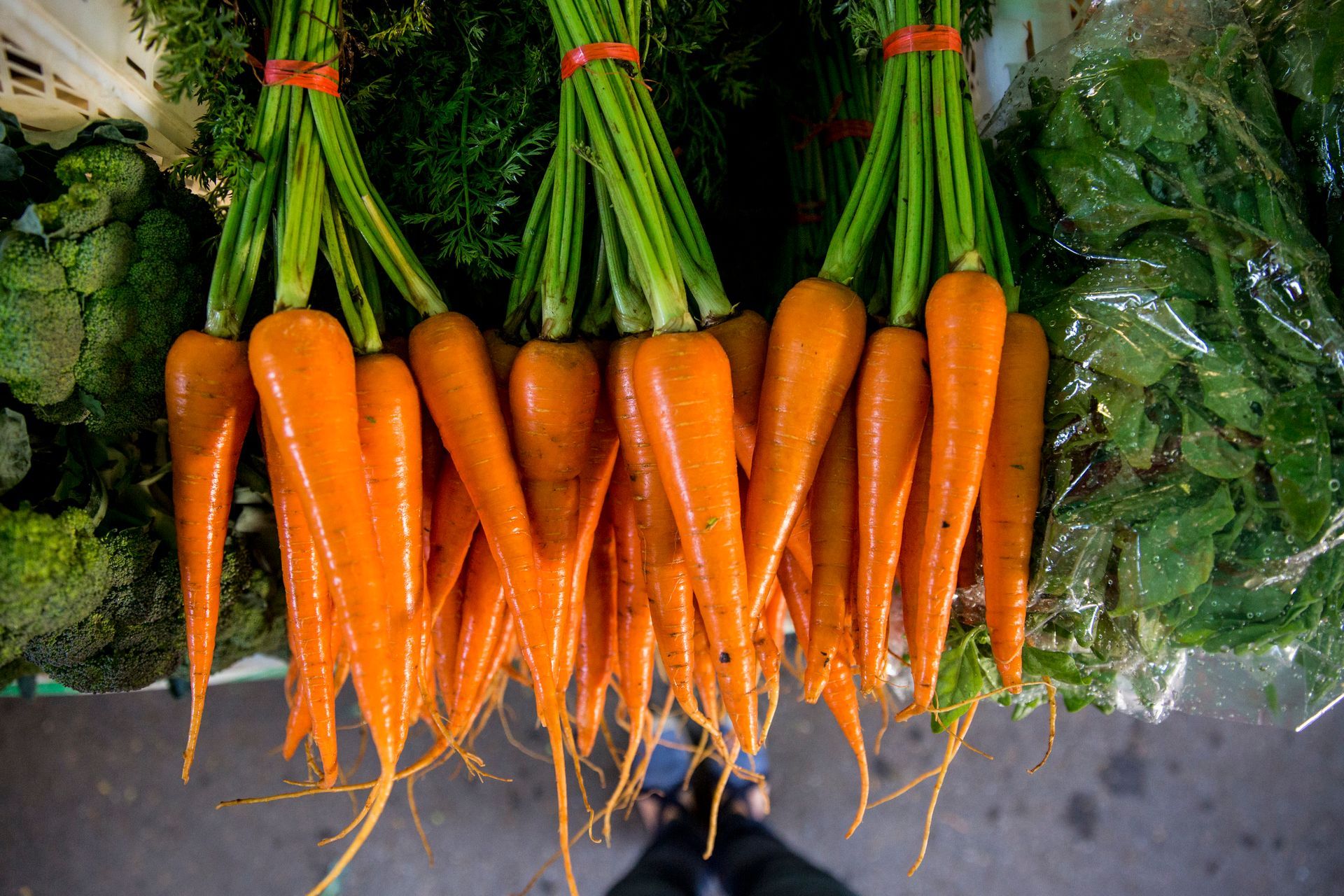 Fotografia autoral de feira livre em São Paulo — detalhe de barraca de cenouras