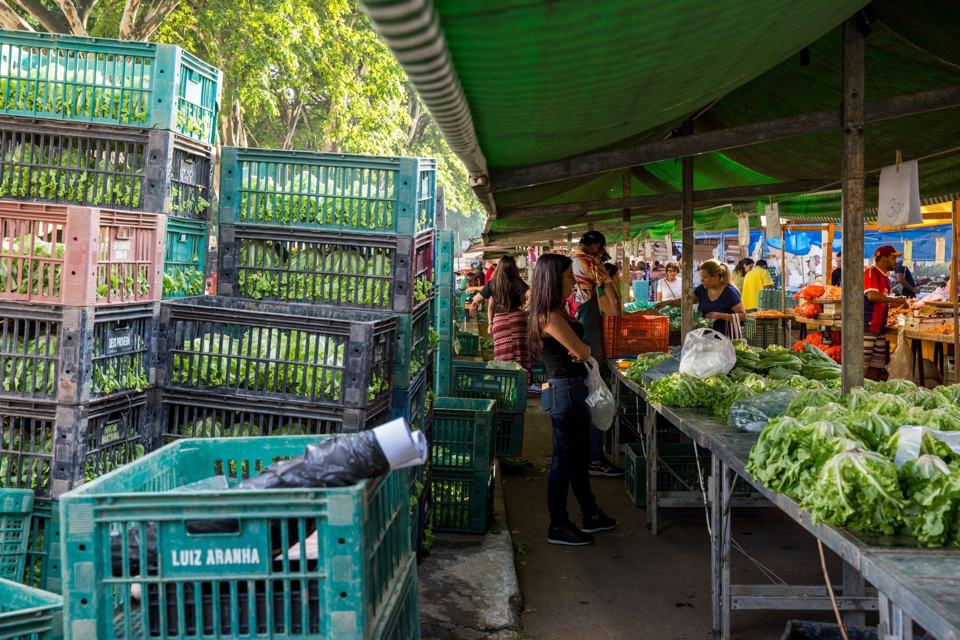 Fotografia autoral de feira livre em São Paulo — detalhe de barraca colorida