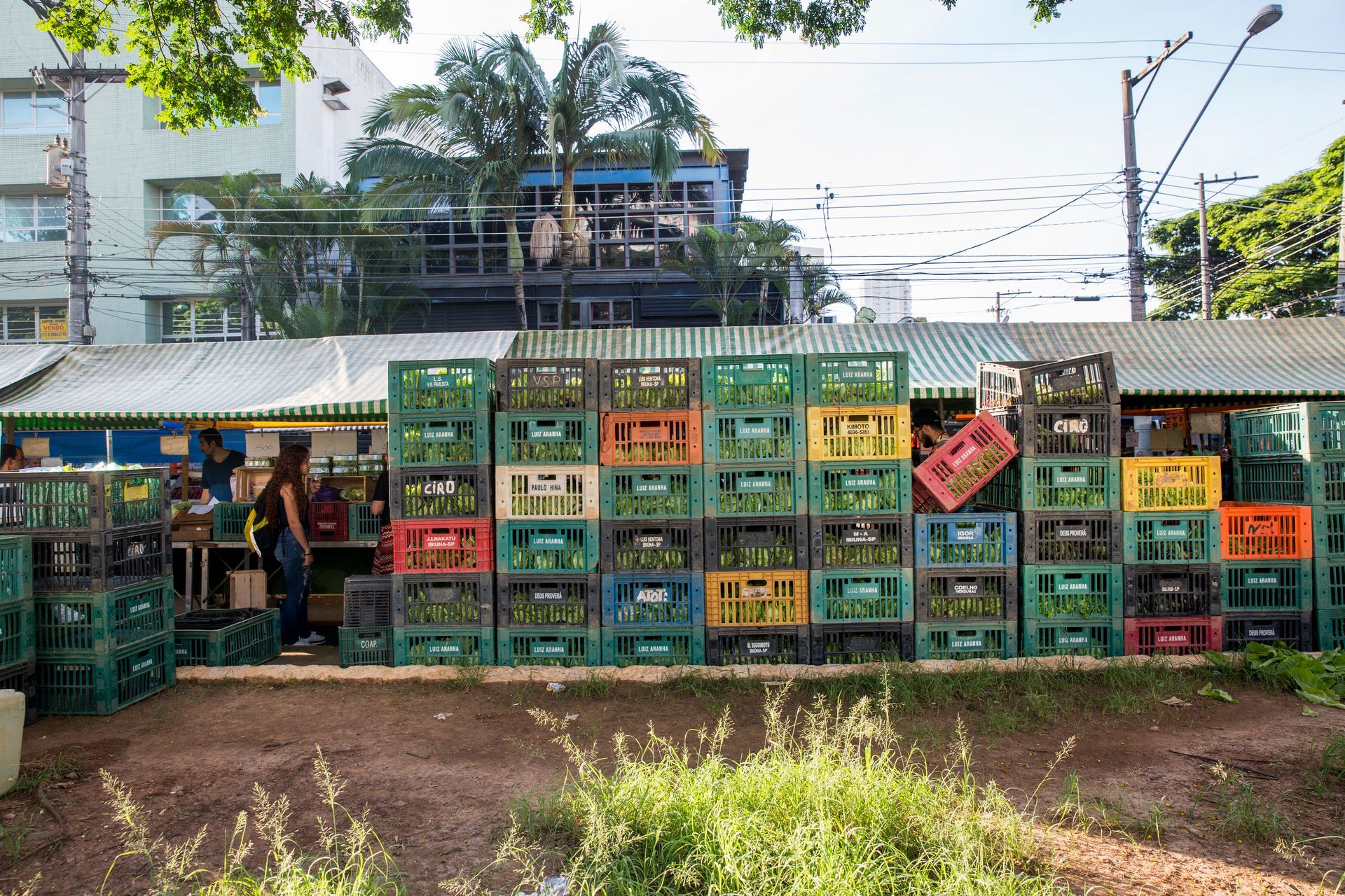 Fotografia autoral de feira livre em São Paulo — detalhe de barraca colorida