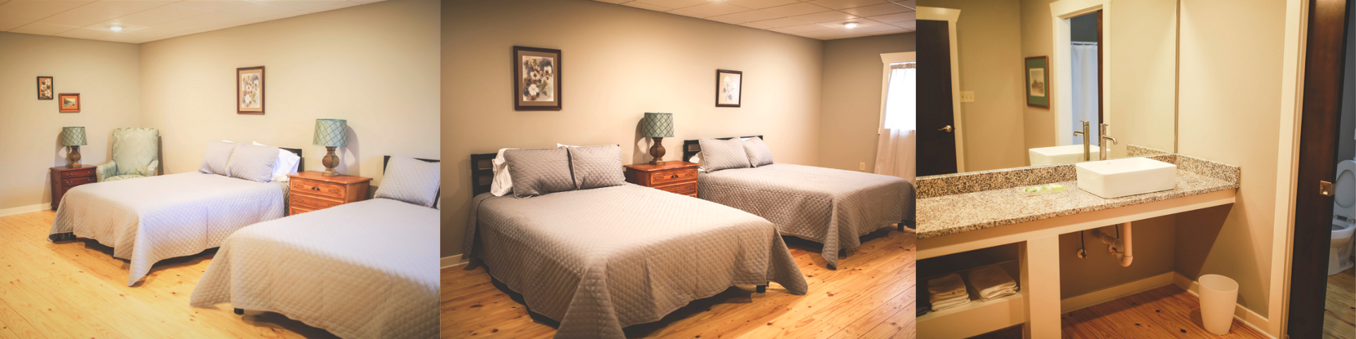 Hotel room collage with two beds, a sofa, and a bathroom vanity in warm beige tones