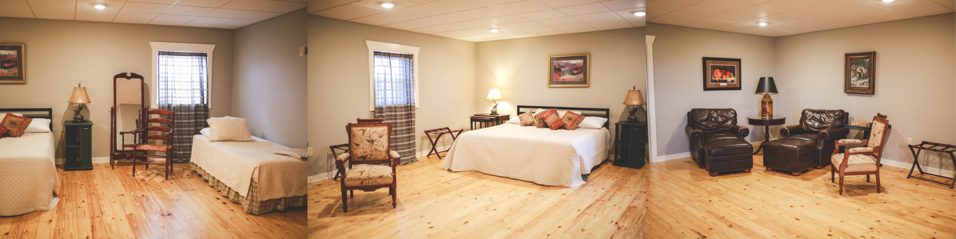 Spacious bedroom with two twin beds, a central king bed, recliners, and soft beige walls.