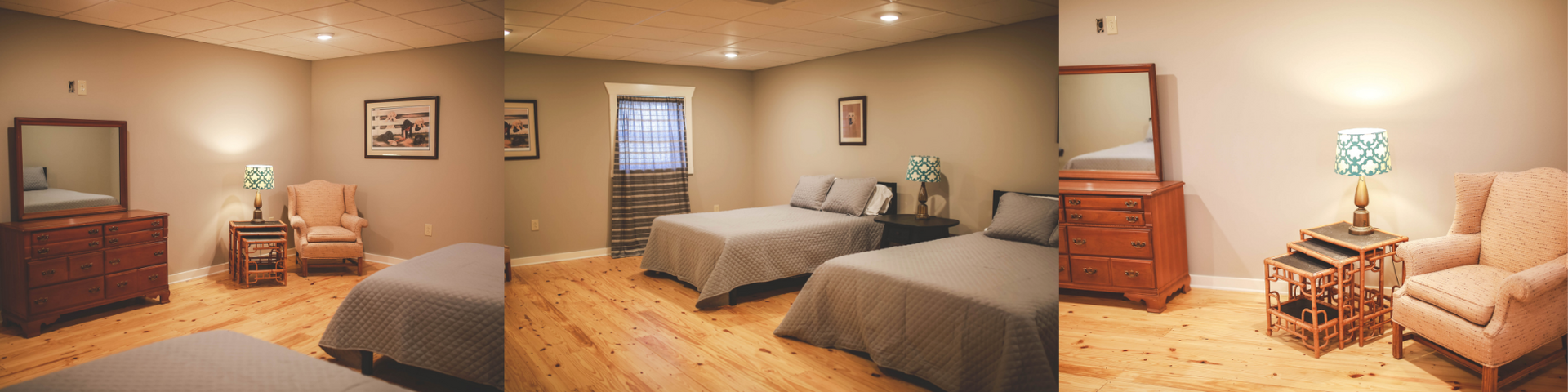 Spacious beige bedroom with twin beds, dresser, armchairs, and soft window light