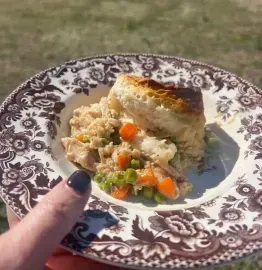 Decorative plate with a slice of savory pie and mixed vegetables, held outdoors by a hand with dark nail polish