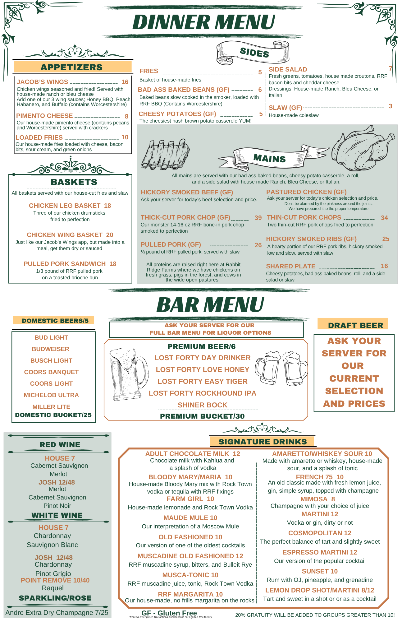 Restaurant dinner and bar menus with teal and orange sections, prices, and a sketched food illustration