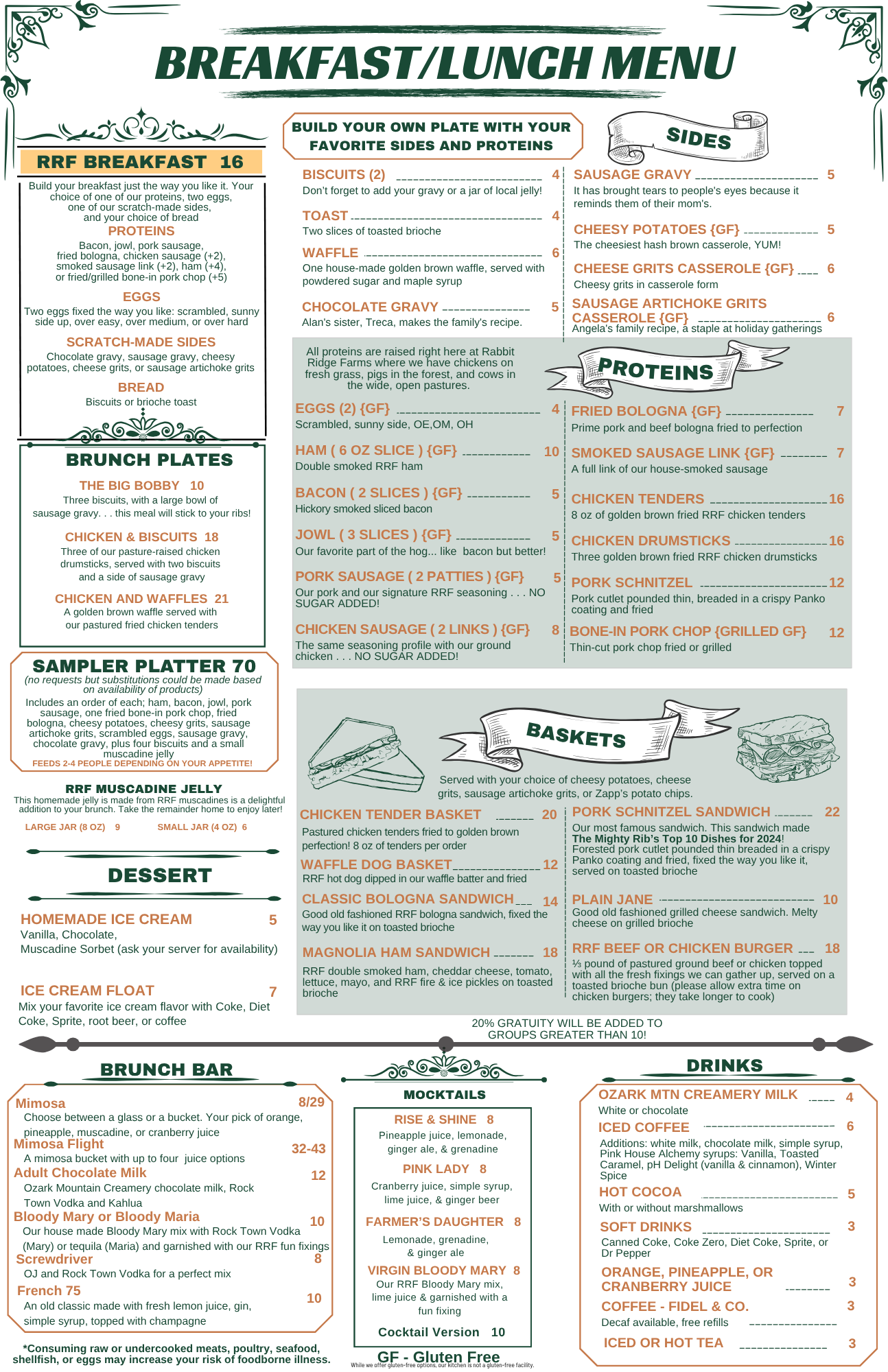 Handwritten breakfast and lunch menu on a white board with green and orange sections and item listings