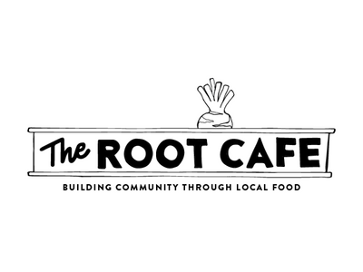 The Root Cafe logo with a hand sprouting from roots and the tagline “Building Community Through Local Food”