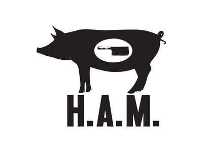 Black pig silhouette with the letters “H.A.M.” below, showing a meat cut diagram inside the body