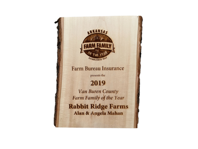 Wooden plaque award for Farm Bureau Insurance 2019 Van Buren County Farm Family of the Year, Rabbit Ridge Farms
