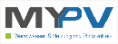 Logo für MYPV mit den Buchstaben MY in Grau und PV in Blau und einem grünen Quadrat.