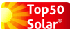 Top 50 Solar-Logo, roter Hintergrund, Sonnengrafik.