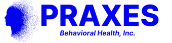 A blue logo for praxes behavioral health inc.