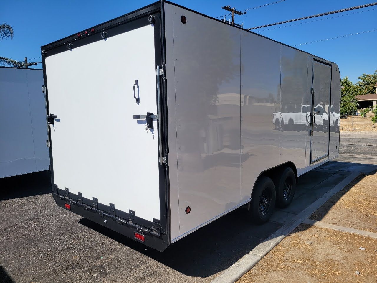 White Enclosed Trailer Rear Right Side View