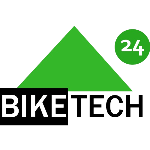 Un triángulo verde con las palabras Biketech 24 en él.