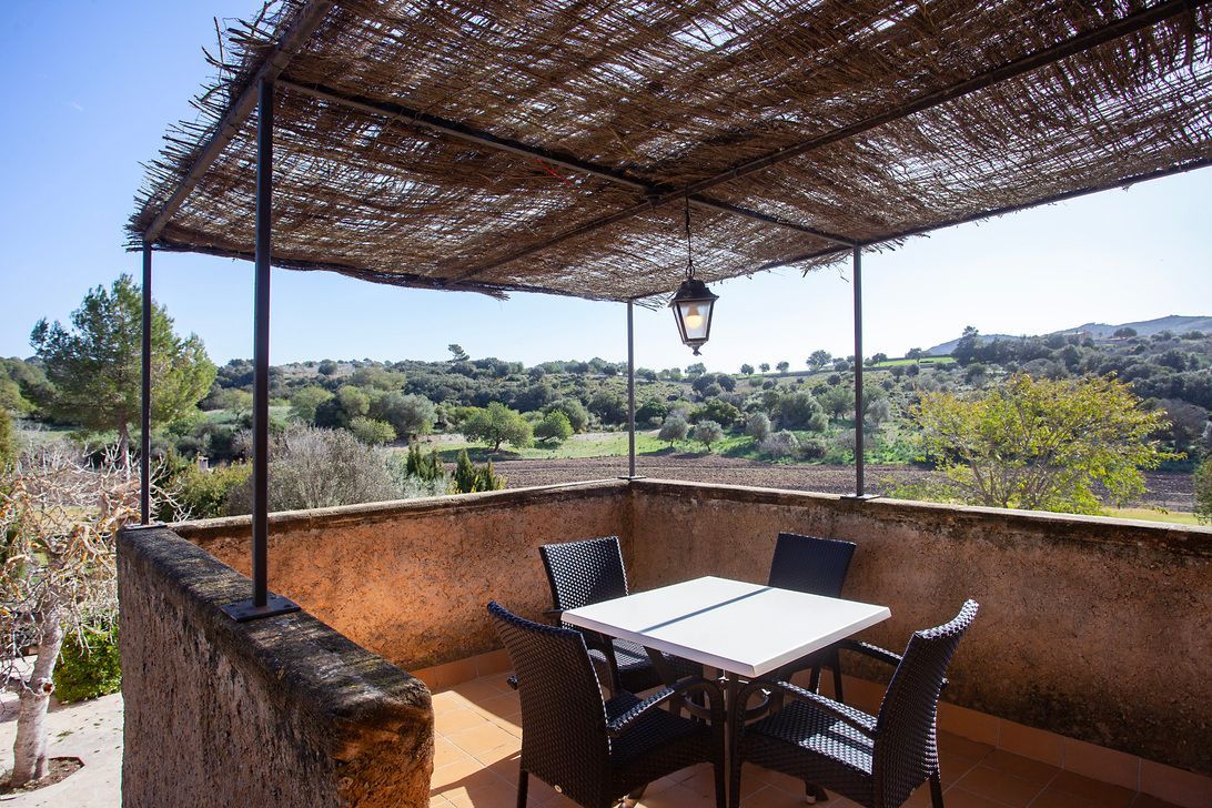 Un patio con una mesa y sillas bajo un dosel.