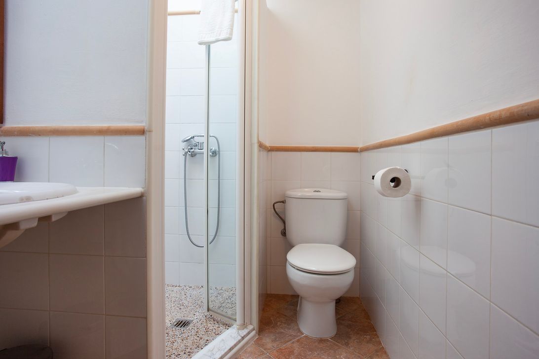 Un baño con inodoro, lavabo y ducha.