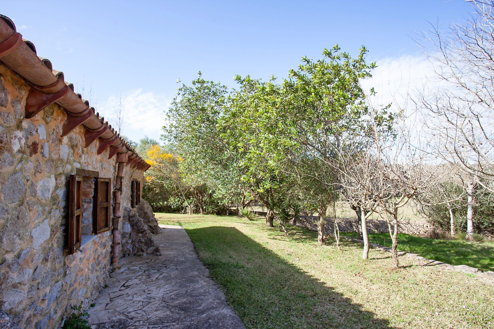 Un edificio de piedra con un camino que conduce a él y árboles al fondo.