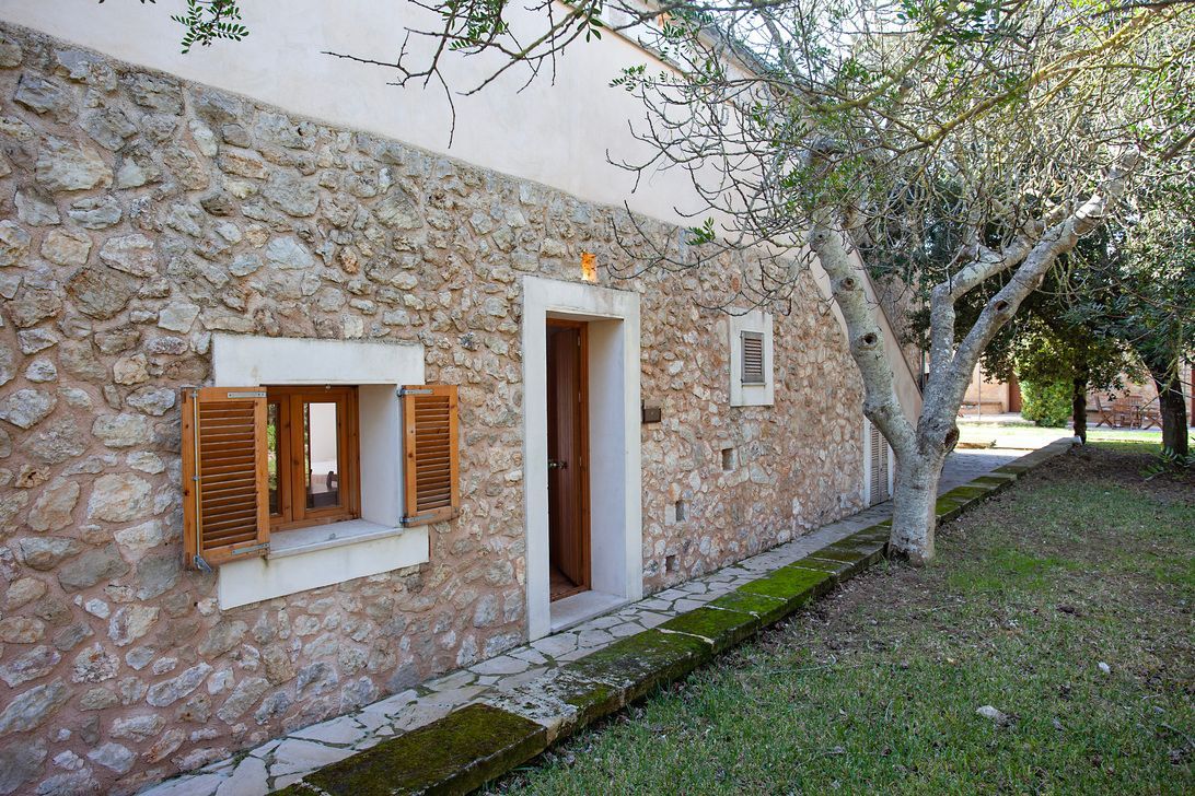 Una casa de piedra con un árbol delante de ella.