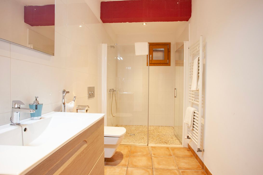 Un baño con lavabo, inodoro y ducha.