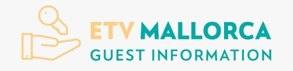 Un logotipo para la información para huéspedes de etv mallorca con una mano sosteniendo una lupa.