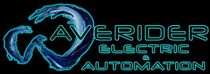 Logo with "Averider Electric & Automation" in a blue neon font, with a stylized water splash graphic.