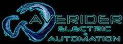 Logo with "Averider Electric & Automation" in a blue neon font, with a stylized water splash graphic.