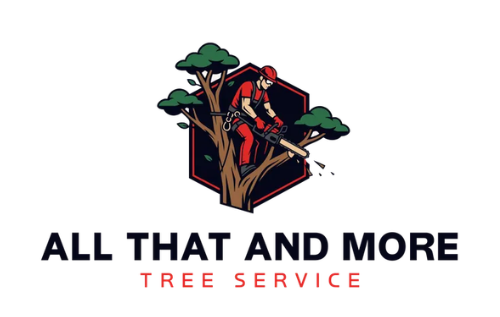 Logo for All That and More Tree Service with a tree climber in a tree over bold black and red text