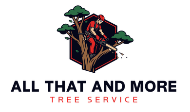Logo for All That and More Tree Service with a tree-trimming worker in red and black above the company name