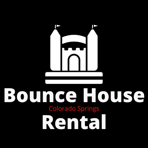Bounce House Rental logo: white castle on black background, text