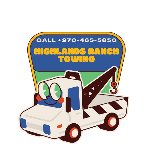 A cartoon tow truck with googly eyes advertising Highlands Ranch Towing, phone number on top.