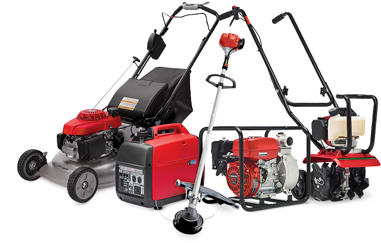 A lawn mower, trimmer, generator, and water pump are sitting next to each other on a white background.