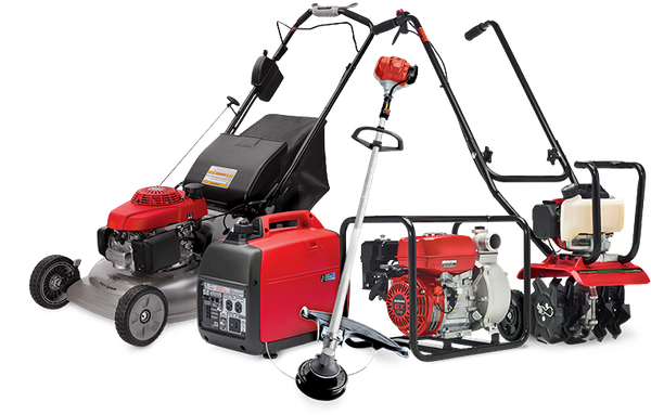 A lawn mower, trimmer, generator, and water pump are sitting next to each other on a white background.