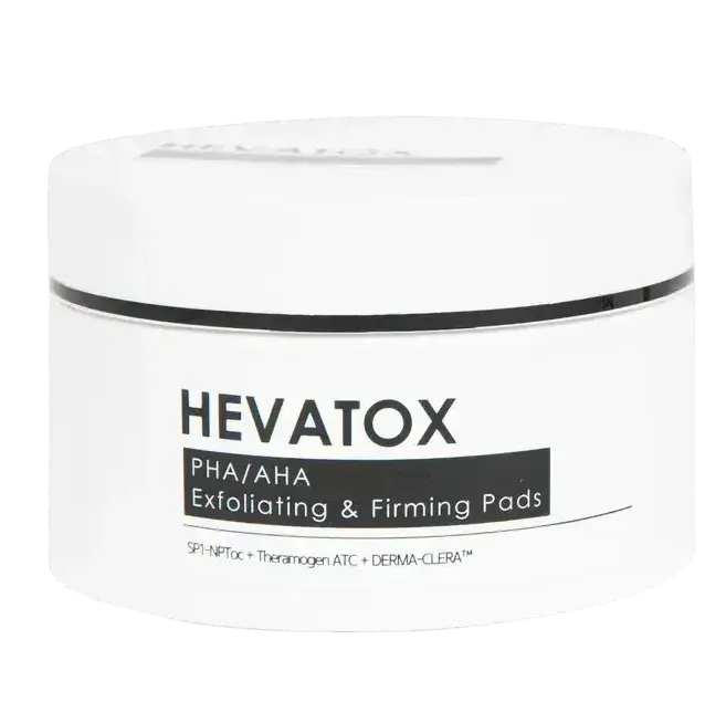 a white jar of hexatox exfoliating and firming pads