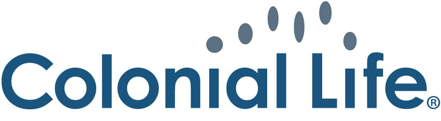 Colonial Life logo in blue with stylized raindrop marks above the text
