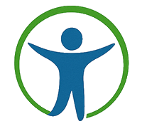 Blue figure inside a green circle with arms outstretched, symbolizing well-being.