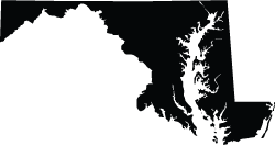 Black silhouette map of Maryland, including the Chesapeake Bay.